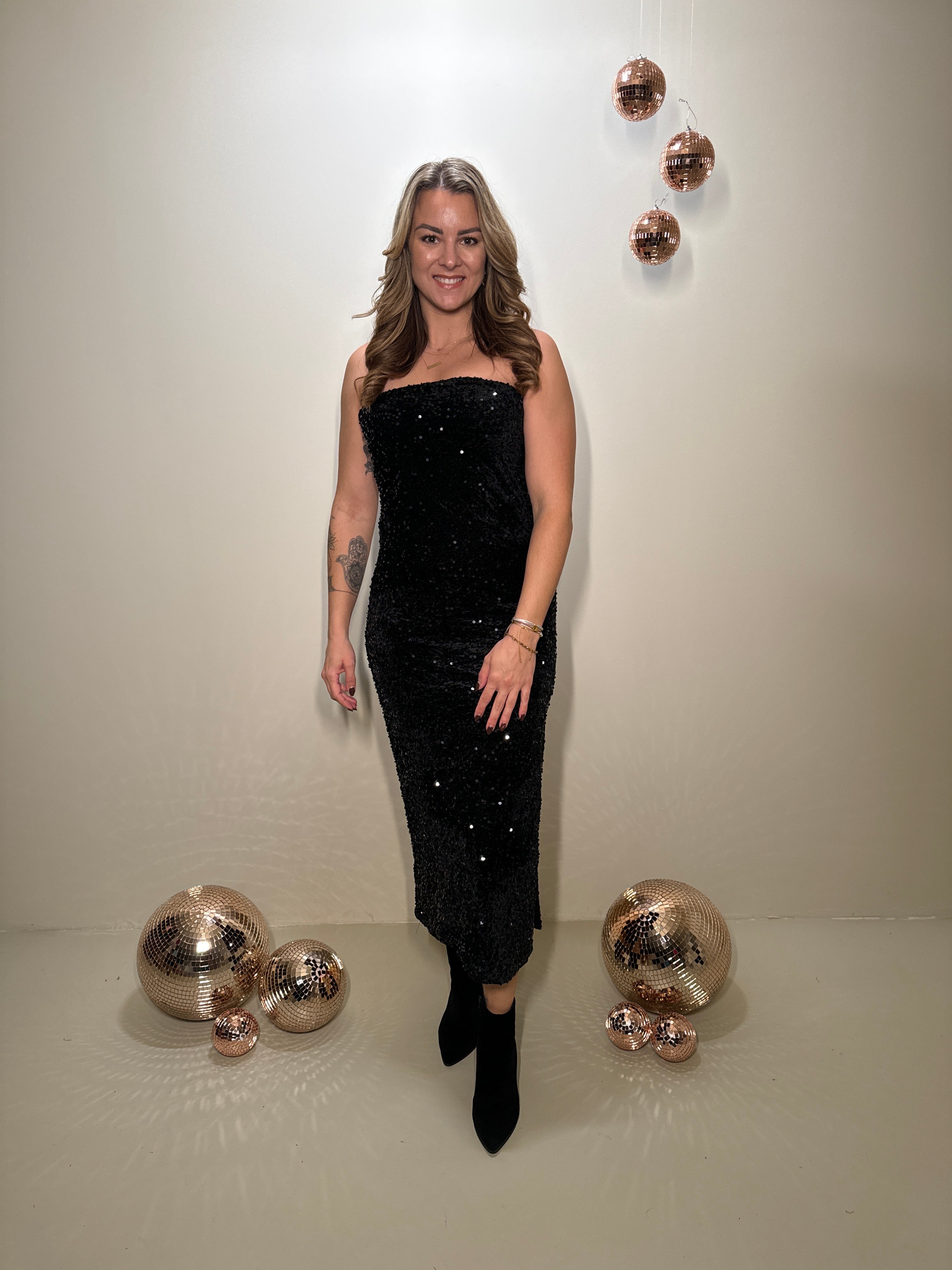 Strapless Pailletten Jurk Zwart