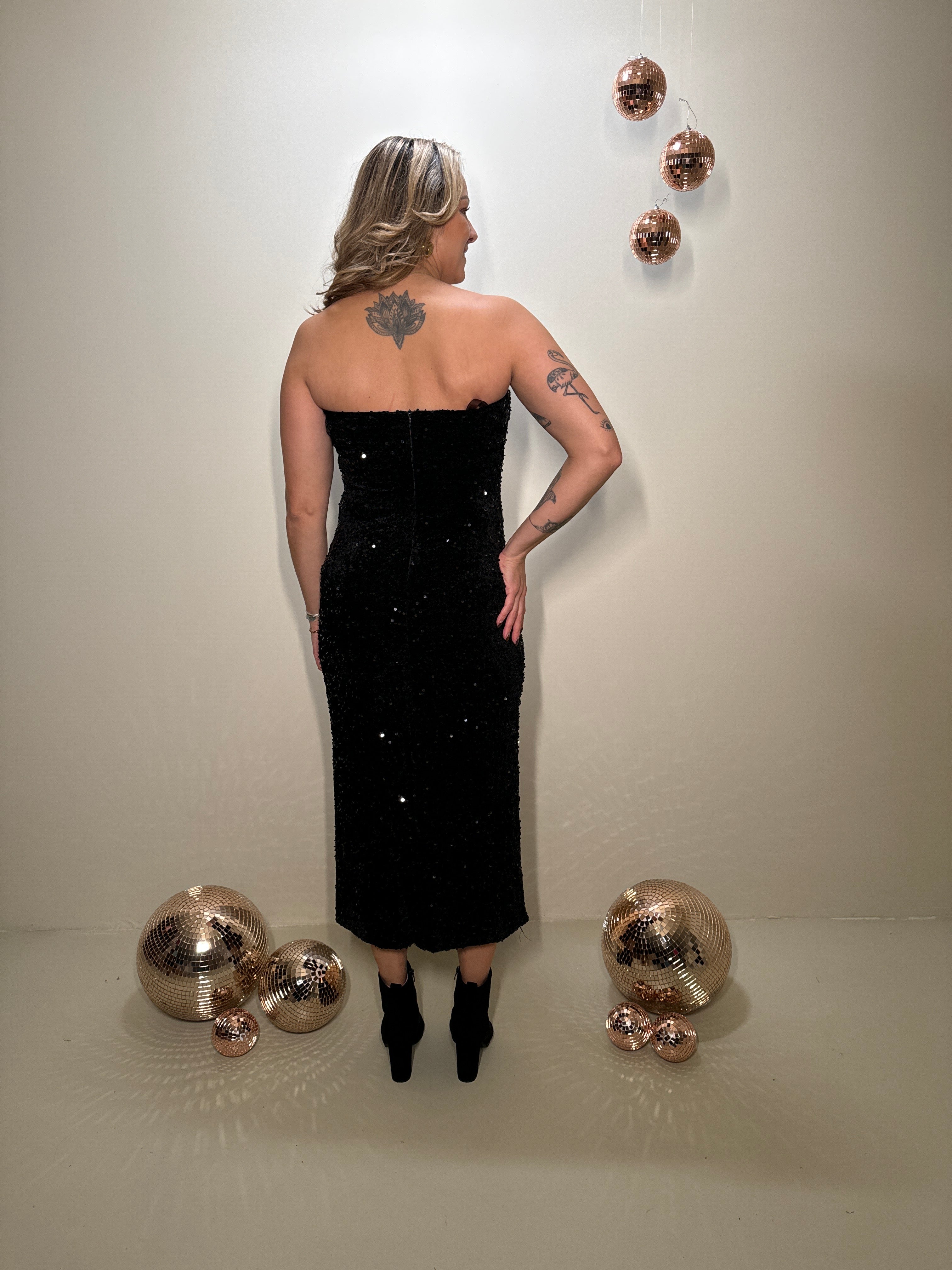 Strapless Pailletten Jurk Zwart
