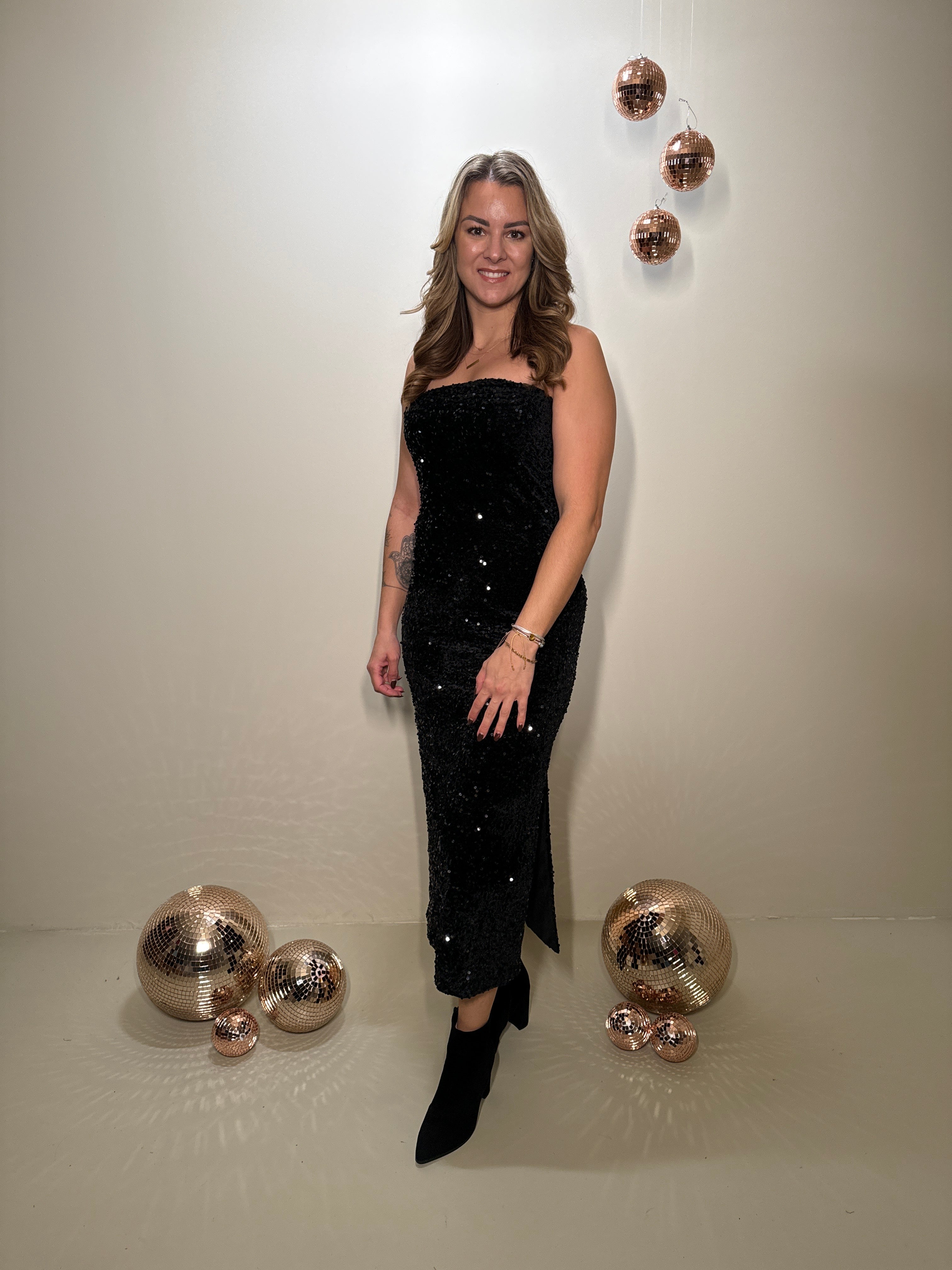 Strapless Pailletten Jurk Zwart